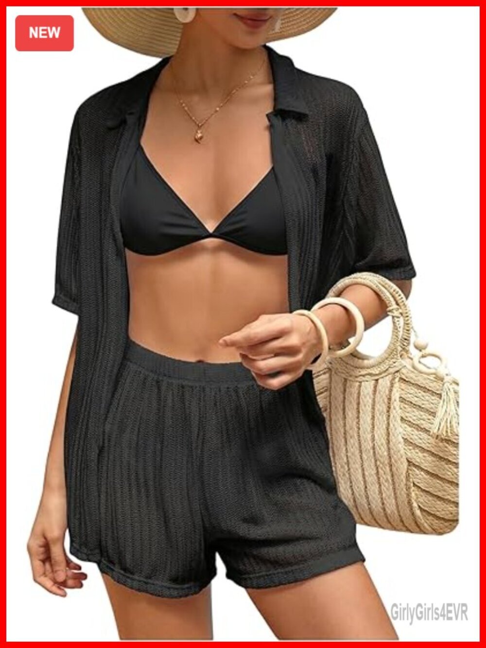 2 Piece Swimsuit Cover Up Set with Shorts Hollow Out Open Front